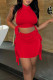 Red Sexy Solid Tassel Patchwork Frenulum Half A Turtleneck Sleeveless Two Pieces