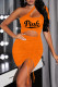 Orange Sexy Print Hollowed Out Patchwork Draw String Asymmetrical Pencil Skirt Dresses
