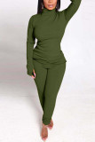 Army Green Casual Solid Basic Half A Turtleneck Long Sleeve Two Pieces