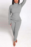 Grey Casual Solid Basic Half A Turtleneck Long Sleeve Two Pieces