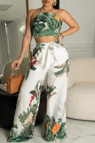 Green Fashion Sexy Print Bandage Backless Vests O Neck Sleeveless Two Pieces