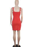 Red Sexy Solid Patchwork Spaghetti Strap One Step Skirt Dresses