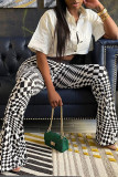 Black Fashion Casual Plaid Print Patchwork Boot Cut High Waist Speaker Full Print Bottoms
