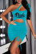 Light Blue Sexy Print Hollowed Out Patchwork Draw String Asymmetrical Pencil Skirt Dresses