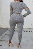 Grey Casual Solid Bandage Hollowed Out Patchwork Hot Drill O Neck Long Sleeve Two Pieces