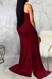 Red Sexy Solid Hollowed Out Split Joint Asymmetrical Oblique Collar Straight Dresses