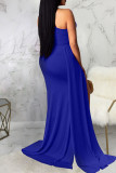 Blue Sexy Solid Hollowed Out Split Joint Asymmetrical Oblique Collar Straight Dresses