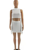 Yellow Sexy Solid Tassel Patchwork Frenulum Half A Turtleneck Sleeveless Two Pieces