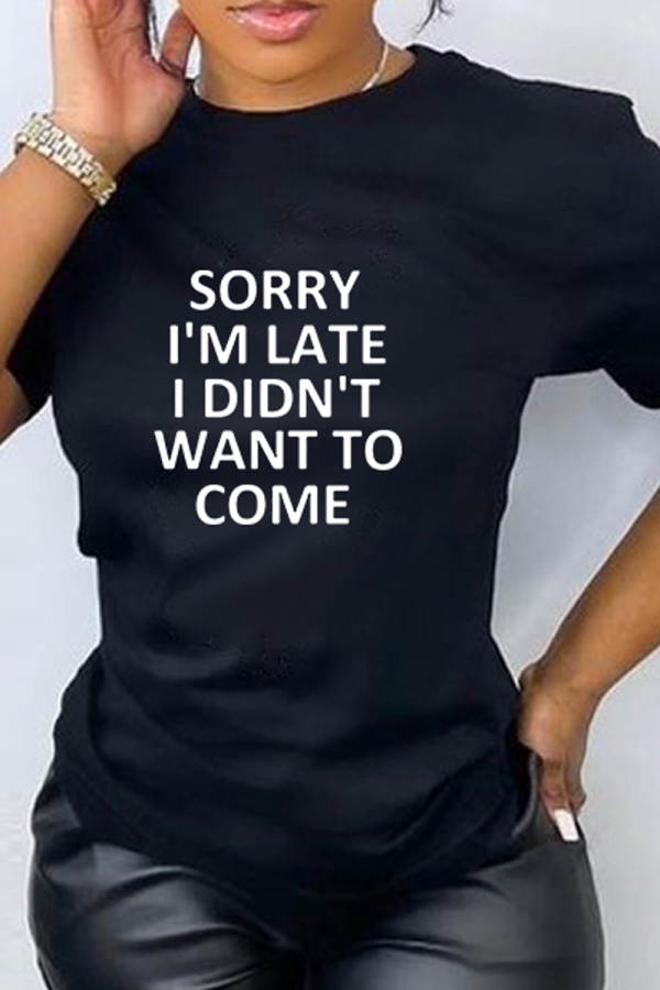 Black Fashion Casual Print Patchwork Letter O Neck T-Shirts