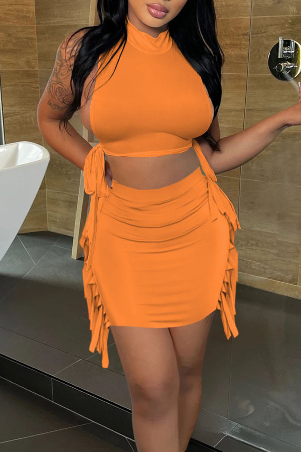 Orange Sexy Solid Tassel Patchwork Frenulum Half A Turtleneck Sleeveless Two Pieces