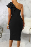 Black Elegant Solid Split Joint Scarf Collar Dresses