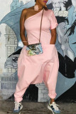 Pink Fashion Casual Solid Backless Oblique Collar Regular Jumpsuits