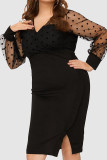 Black Elegant Solid Patchwork See-through Slit V Neck One Step Skirt Dresses