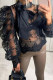 Black Sexy Embroidered Patchwork See-through With Bow O Neck Tops