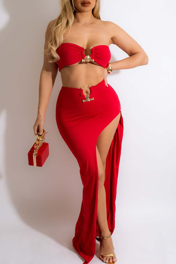 Red Sexy Solid Patchwork Strapless Sleeveless Two Pieces