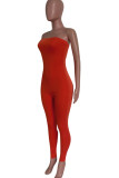 Rose Red Sexy Solid Split Joint Strapless Skinny Jumpsuits