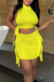 Yellow Sexy Solid Tassel Patchwork Frenulum Half A Turtleneck Sleeveless Two Pieces