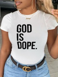 White Fashion Simplicity Print Patchwork Letter O Neck T-Shirts