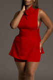 Red Sexy Solid Bandage Hollowed Out Patchwork Asymmetrical Turtleneck Sleeveless Two Pieces