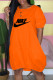 Orange Fashion Casual Print Letter O Neck Lantern Skirt Dresses