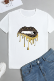White Fashion Daily Lips Printed Patchwork O Neck T-Shirts