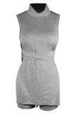 Grey Sexy Solid Bandage Hollowed Out Patchwork Asymmetrical Turtleneck Sleeveless Two Pieces