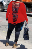 Red Sexy Solid Ripped Off the Shoulder Plus Size Tops
