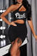 Black Sexy Print Hollowed Out Patchwork Draw String Asymmetrical Pencil Skirt Dresses