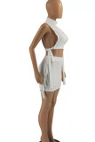 Yellow Sexy Solid Tassel Patchwork Frenulum Half A Turtleneck Sleeveless Two Pieces