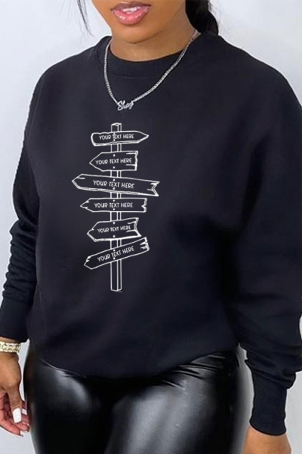 Black Casual Street Print Patchwork Letter O Neck Tops