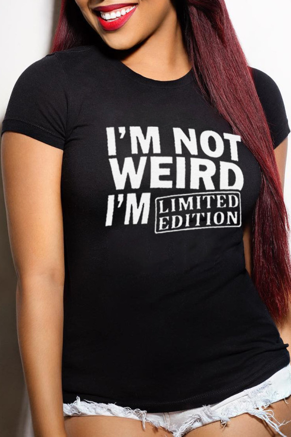 Black Fashion Daily Print Patchwork Letter O Neck T-Shirts
