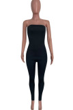 Black Sexy Solid Split Joint Strapless Skinny Jumpsuits