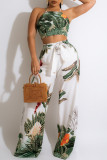 Green Fashion Sexy Print Bandage Backless Vests O Neck Sleeveless Two Pieces