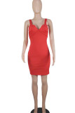 Red Sexy Solid Patchwork Spaghetti Strap One Step Skirt Dresses