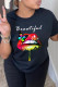 Black Fashion Daily Lips Printed Patchwork Letter O Neck T-Shirts
