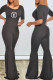 Black Fashion Casual Print Letter O Neck Jumpsuits