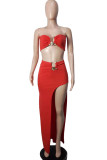 Red Sexy Solid Patchwork Strapless Sleeveless Two Pieces