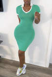 Green Fashion Casual Regular Sleeve Short Sleeve V Neck Short Sleeve Dress Knee Length Patchwork Dresses