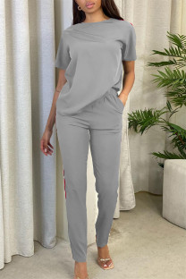 Grey Fashion Casual Solid Split Joint O Neck Short Sleeve Two Pieces