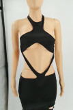 Black Sexy Solid Hollowed Out Patchwork Backless Asymmetrical Pencil Skirt Dresses