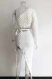 White Sexy Solid Slit One Shoulder Long Sleeve Two Pieces