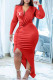 Red Fashion Casual Print Fold V Neck Irregular Dress Dresses