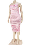 Pink Sexy Solid Split Joint Backless Fold Halter One Step Skirt Plus Size Dresses