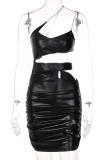 Red Sexy Solid Hollowed Out Patchwork Fold Spaghetti Strap Pencil Skirt Dresses