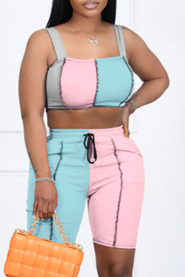 Pink Gray Sexy Solid Patchwork Square Collar Sleeveless Two Pieces