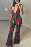 Colour Fashion Sexy Print Backless Halter Regular Jumpsuits