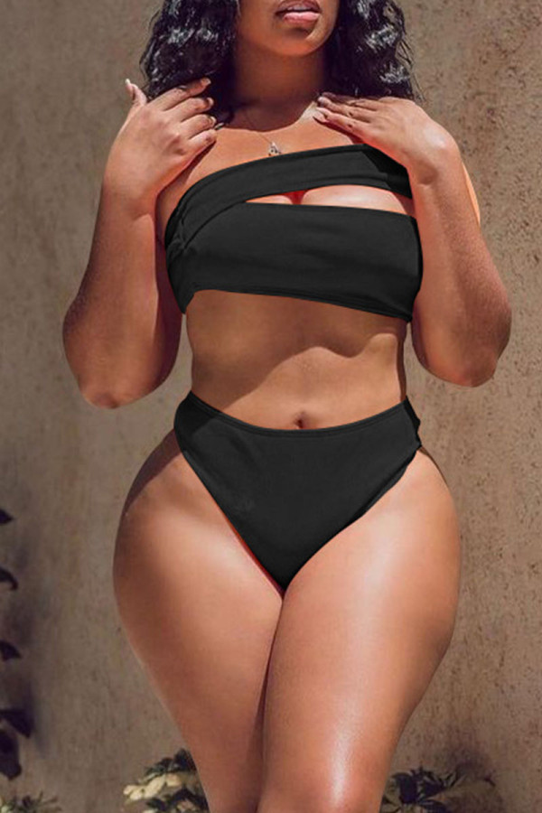 Black Sexy Solid Hollowed Out Patchwork Swimwears