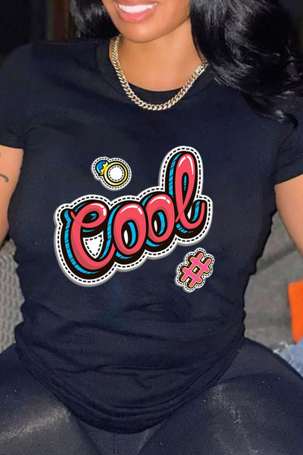 Black Fashion Casual Print Basic O Neck T-Shirts