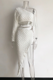 White Sexy Solid Slit One Shoulder Long Sleeve Two Pieces