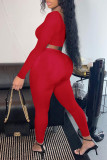 Red Fashion Casual Solid Basic O Neck Long Sleeve Two Pieces
